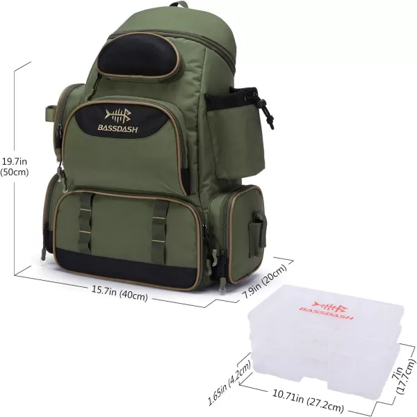 BASSDASH Fishing Tackle Backpack Water Resistant Tactical Bag Soft Tackle Box with Rod Holder and Protective Rain CoverGreen Backpack 3600 With 3 Trays