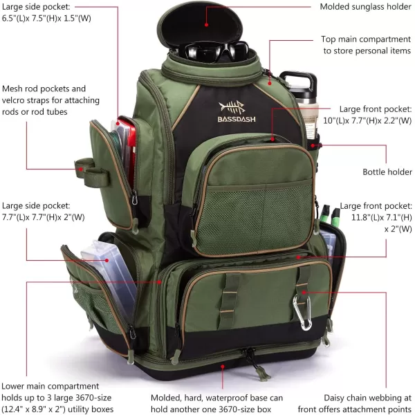 BASSDASH Fishing Tackle Backpack Water Resistant Tactical Bag Soft Tackle Box with Rod Holder and Protective Rain CoverGreen Backpack 3670 With 4 Trays