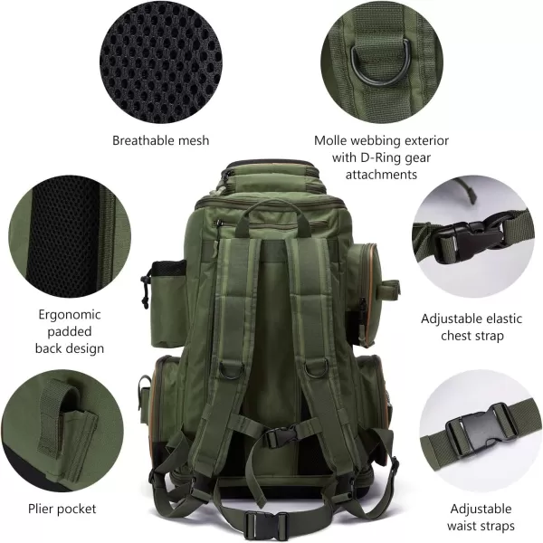 BASSDASH Fishing Tackle Backpack Water Resistant Tactical Bag Soft Tackle Box with Rod Holder and Protective Rain CoverGreen Backpack 3670 With 4 Trays