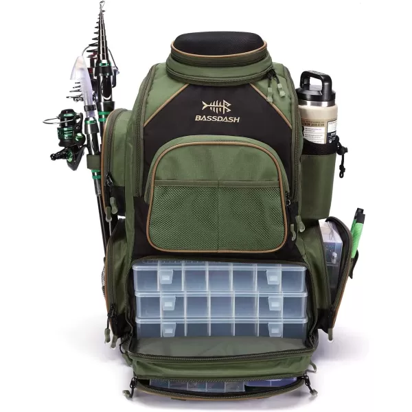 BASSDASH Fishing Tackle Backpack Water Resistant Tactical Bag Soft Tackle Box with Rod Holder and Protective Rain CoverGreen Backpack 3670 With 4 Trays