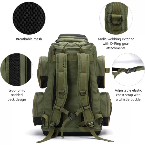 BASSDASH Fishing Tackle Backpack Water Resistant Tactical Bag Soft Tackle Box with Rod Holder and Protective Rain CoverGreen Backpack 3670 Without Trays