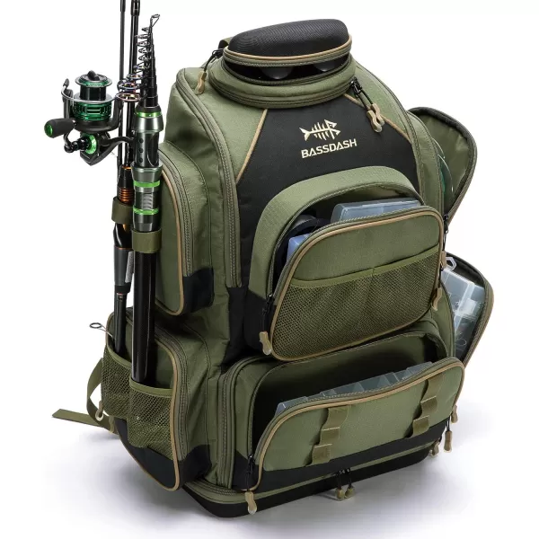 BASSDASH Fishing Tackle Backpack Water Resistant Tactical Bag Soft Tackle Box with Rod Holder and Protective Rain CoverGreen Backpack 3670 Without Trays