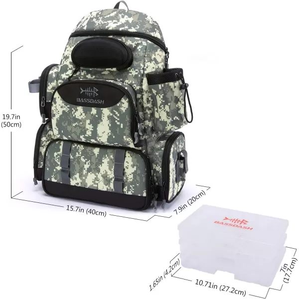 BASSDASH Fishing Tackle Backpack Water Resistant Tactical Bag Soft Tackle Box with Rod Holder and Protective Rain CoverJungle Camo Backpack 3600 With 3 Trays