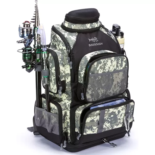 BASSDASH Fishing Tackle Backpack Water Resistant Tactical Bag Soft Tackle Box with Rod Holder and Protective Rain CoverJungle Camo Backpack 3670 With 4 Trays