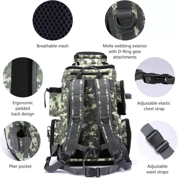 BASSDASH Fishing Tackle Backpack Water Resistant Tactical Bag Soft Tackle Box with Rod Holder and Protective Rain CoverJungle Camo Backpack 3670 With 4 Trays