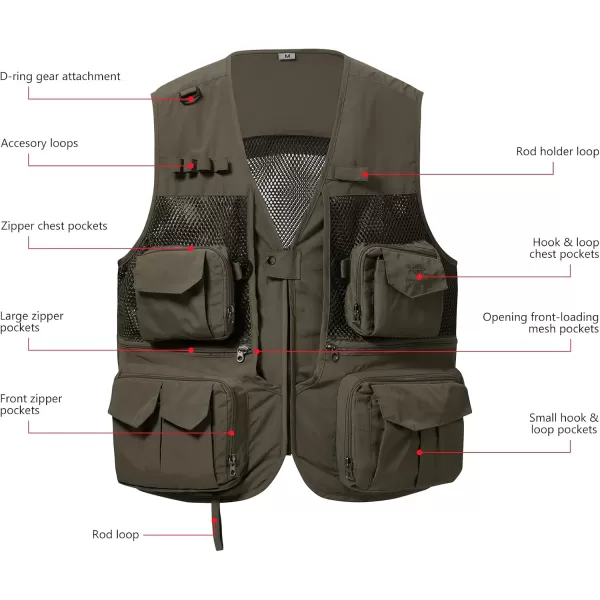 BASSDASH Mens Womens Utility Fishing Cargo Vest Outdoor Safari Photography Work Vest with Multi Pockets Mesh Back FV14Army Green