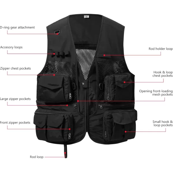 BASSDASH Mens Womens Utility Fishing Cargo Vest Outdoor Safari Photography Work Vest with Multi Pockets Mesh Back FV14Black