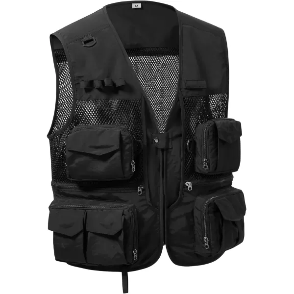 BASSDASH Mens Womens Utility Fishing Cargo Vest Outdoor Safari Photography Work Vest with Multi Pockets Mesh Back FV14Black