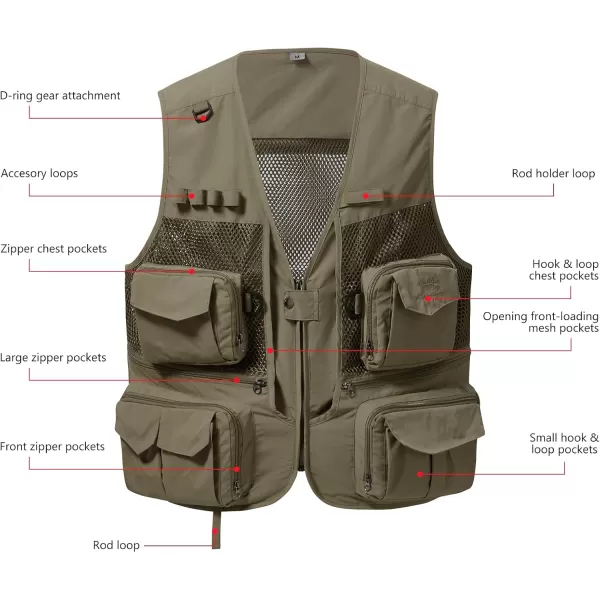 BASSDASH Mens Womens Utility Fishing Cargo Vest Outdoor Safari Photography Work Vest with Multi Pockets Mesh Back FV14Khaki