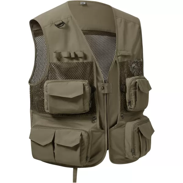 BASSDASH Mens Womens Utility Fishing Cargo Vest Outdoor Safari Photography Work Vest with Multi Pockets Mesh Back FV14Khaki