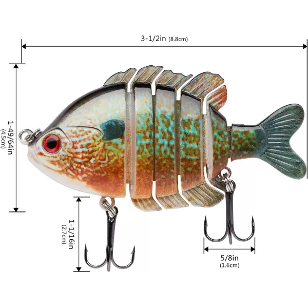 BASSDASH SwimPanfish Multi Jointed Panfish Bluegill Swimbaits Hard Topwater Bass Lures Fishing Lure Crank Saltwater 35in085ozPack of 4BPRL