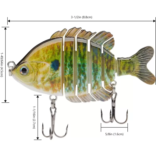 BASSDASH SwimPanfish Multi Jointed Panfish Bluegill Swimbaits Hard Topwater Bass Lures Fishing Lure Crank Saltwater 35in085ozPack of 4NGBP