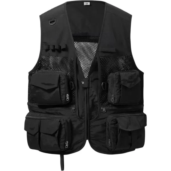 BASSDASH Mens Womens Utility Fishing Cargo Vest Outdoor Safari Photography Work Vest with Multi Pockets Mesh Back FV14Black