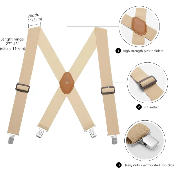 BASSDASH Mens 2 Wide XBack Adjustable Elastic Suspenders with Heavy Duty Metal ClipsBeige