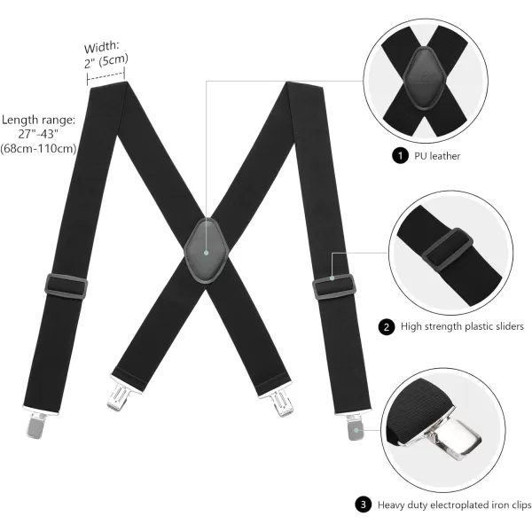 BASSDASH Mens 2 Wide XBack Adjustable Elastic Suspenders with Heavy Duty Metal ClipsBlack