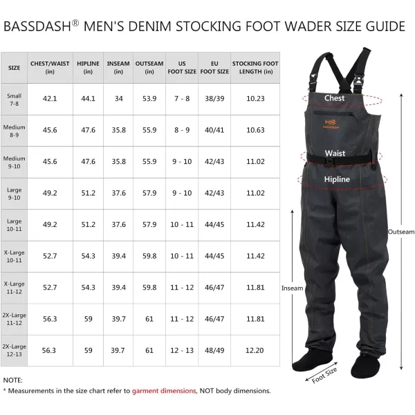 BASSDASH Mens Denim Breathable Chest Waders Waterproof Durable Lightweight Stocking Foot for Fishing Hunting ATV RidingDenim Black