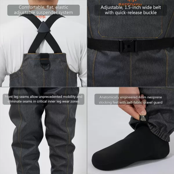 BASSDASH Mens Denim Breathable Chest Waders Waterproof Durable Lightweight Stocking Foot for Fishing Hunting ATV RidingDenim Black