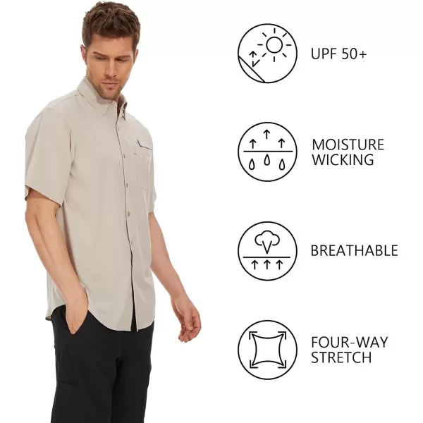 BASSDASH Mens UPF 50 Short Sleeve Button Down Fishing Shirt Breathable Lightweight for Outdoors Hiking CampingKhaki