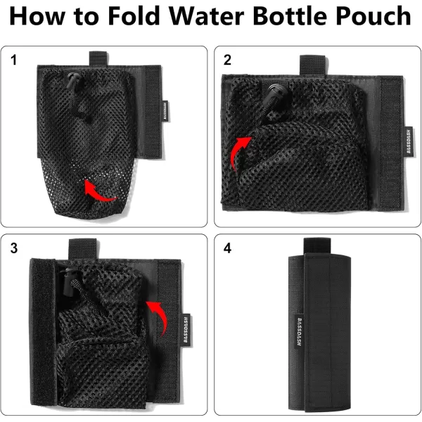 BASSDASH Tactical Molle Water Bottle Pouch with Carabiner Foldable Mesh Holder Bag for Travel Fishing Hunting Hiking Outdoor ActivitiesBlack with Molle Straps