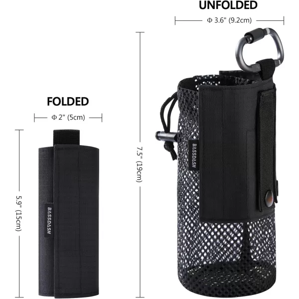 BASSDASH Tactical Molle Water Bottle Pouch with Carabiner Foldable Mesh Holder Bag for Travel Fishing Hunting Hiking Outdoor ActivitiesBlack with Molle Straps