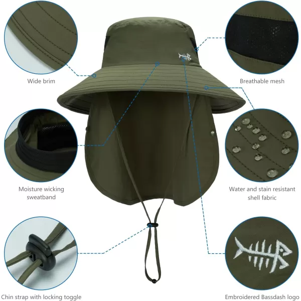 BASSDASH UPF 50 Breathable Sun Hat with Removable Face Cover and Neck Flap Wide Brim Bucket Hat for Fishing Hiking Men WomenArmy Green