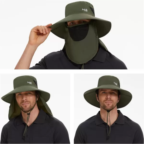 BASSDASH UPF 50 Breathable Sun Hat with Removable Face Cover and Neck Flap Wide Brim Bucket Hat for Fishing Hiking Men WomenArmy Green