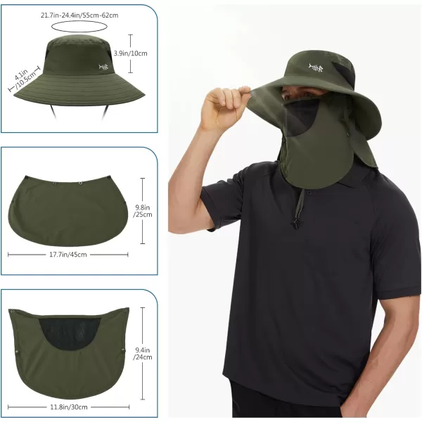 BASSDASH UPF 50 Breathable Sun Hat with Removable Face Cover and Neck Flap Wide Brim Bucket Hat for Fishing Hiking Men WomenArmy Green