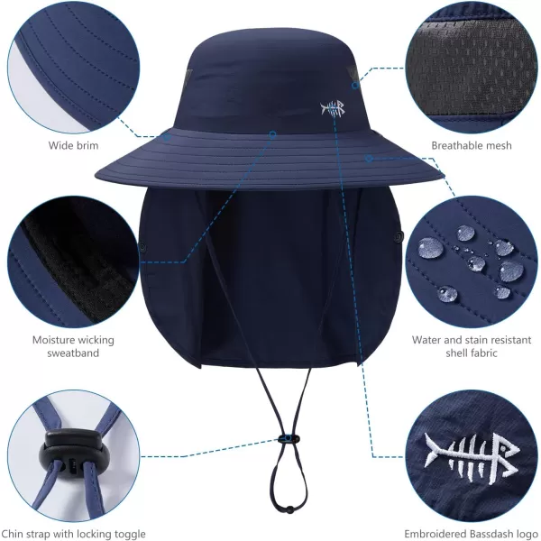 BASSDASH UPF 50 Breathable Sun Hat with Removable Face Cover and Neck Flap Wide Brim Bucket Hat for Fishing Hiking Men WomenDark Blue