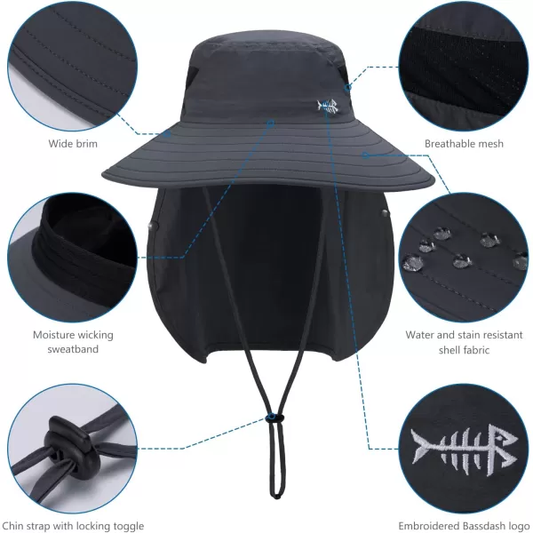 BASSDASH UPF 50 Breathable Sun Hat with Removable Face Cover and Neck Flap Wide Brim Bucket Hat for Fishing Hiking Men WomenDark Grey