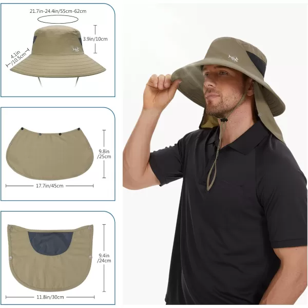 BASSDASH UPF 50 Breathable Sun Hat with Removable Face Cover and Neck Flap Wide Brim Bucket Hat for Fishing Hiking Men WomenKhaki