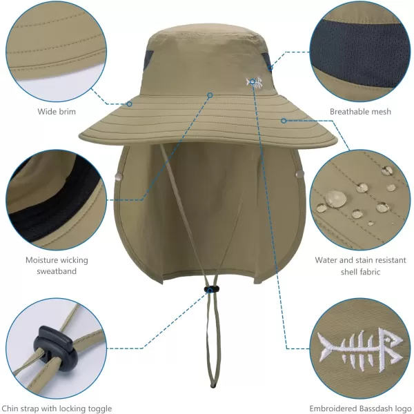 BASSDASH UPF 50 Breathable Sun Hat with Removable Face Cover and Neck Flap Wide Brim Bucket Hat for Fishing Hiking Men WomenKhaki