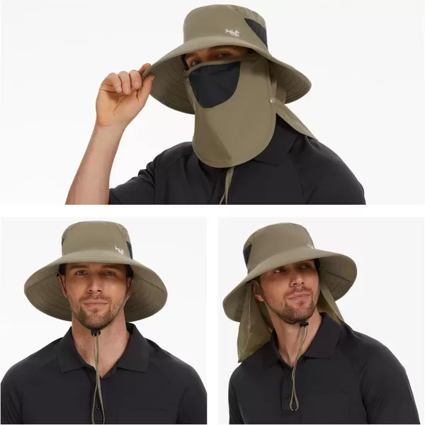 BASSDASH UPF 50 Breathable Sun Hat with Removable Face Cover and Neck Flap Wide Brim Bucket Hat for Fishing Hiking Men WomenKhaki