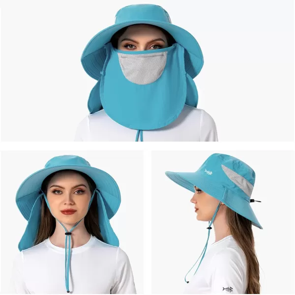 BASSDASH UPF 50 Breathable Sun Hat with Removable Face Cover and Neck Flap Wide Brim Bucket Hat for Fishing Hiking Men WomenLight Blue