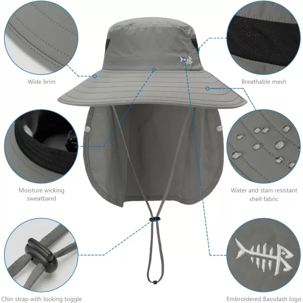 BASSDASH UPF 50 Breathable Sun Hat with Removable Face Cover and Neck Flap Wide Brim Bucket Hat for Fishing Hiking Men WomenLight Grey