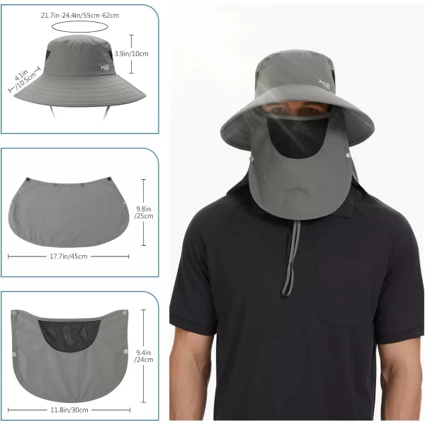 BASSDASH UPF 50 Breathable Sun Hat with Removable Face Cover and Neck Flap Wide Brim Bucket Hat for Fishing Hiking Men WomenLight Grey