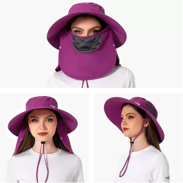 BASSDASH UPF 50 Breathable Sun Hat with Removable Face Cover and Neck Flap Wide Brim Bucket Hat for Fishing Hiking Men WomenPurple Orchid