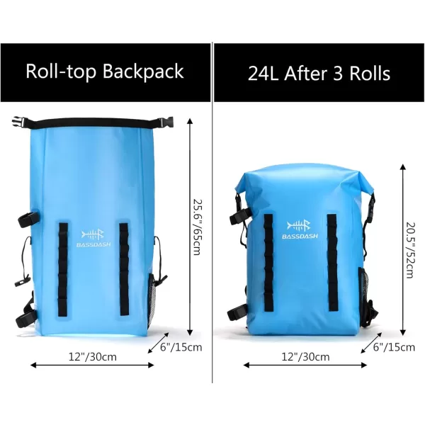 BASSDASH Waterproof TPU Backpack 24L RollTop Dry Bag with Rod Holder for Fishing Hiking Camping Kayaking Rafting