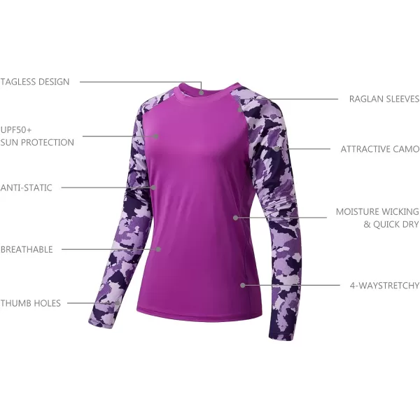 BASSDASH Womens UPF 50 UV Sun Protection TShirt Long Sleeve Fishing Hiking Performance ShirtsVioletPurple Camo