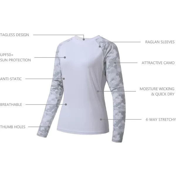 BASSDASH Womens UPF 50 UV Sun Protection TShirt Long Sleeve Fishing Hiking Performance ShirtsWhiteLight Grey Camo
