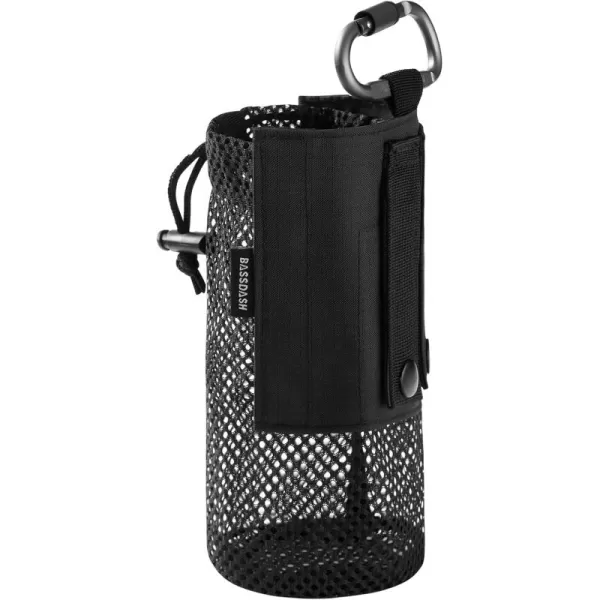 BASSDASH Tactical Molle Water Bottle Pouch with Carabiner Foldable Mesh Holder Bag for Travel Fishing Hunting Hiking Outdoor ActivitiesBlack with Molle Straps