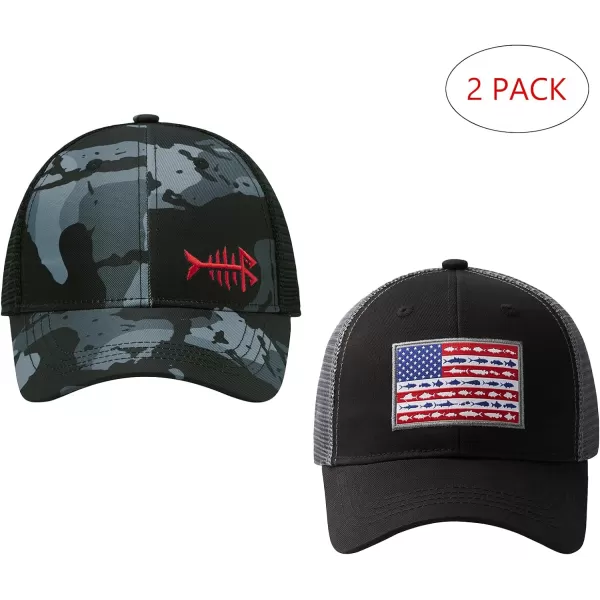 BASSDASH 2 Pack Altimate Fishing Hunting Hat Mesh Back for Men Women Adjustable Baseball Trucker Cap Camo Blaze OrangeBlack Camo  Black Fish Flag