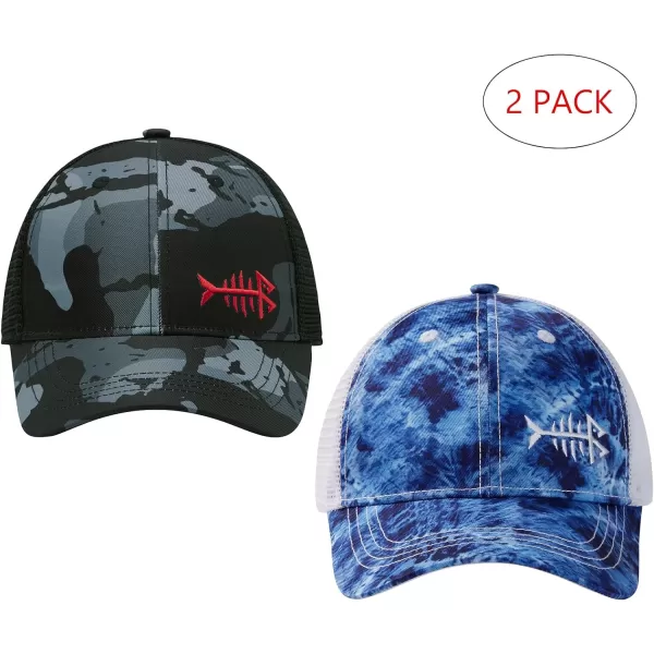 BASSDASH 2 Pack Altimate Fishing Hunting Hat Mesh Back for Men Women Adjustable Baseball Trucker Cap Camo Blaze OrangeBlack Camo  Blue Camo