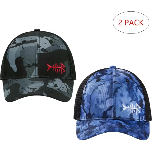 BASSDASH 2 Pack Altimate Fishing Hunting Hat Mesh Back for Men Women Adjustable Baseball Trucker Cap Camo Blaze OrangeBlack Camo  BlueBlack Camo