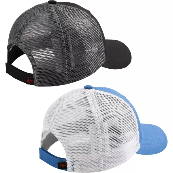 BASSDASH 2 Pack Altimate Fishing Hunting Hat Mesh Back for Men Women Adjustable Baseball Trucker Cap Camo Blaze OrangeBlack Fish Flag  Marina Blue Fish Flag