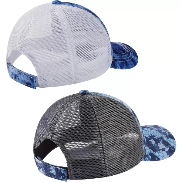 BASSDASH 2 Pack Altimate Fishing Hunting Hat Mesh Back for Men Women Adjustable Baseball Trucker Cap Camo Blaze OrangeBlue Camo  Blue Scales