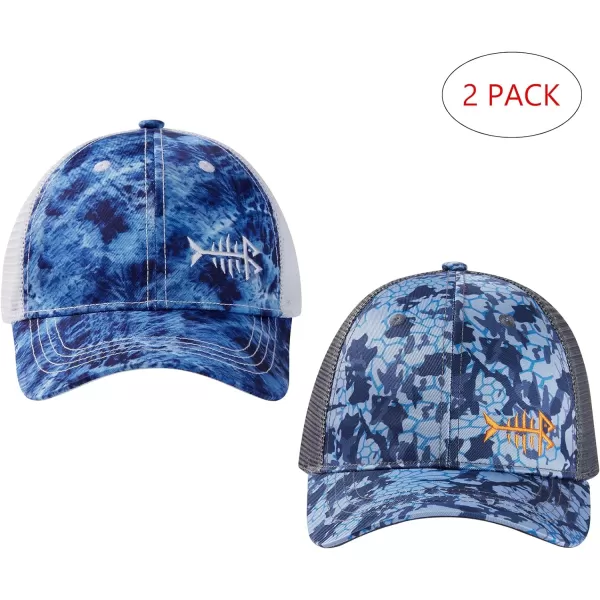 BASSDASH 2 Pack Altimate Fishing Hunting Hat Mesh Back for Men Women Adjustable Baseball Trucker Cap Camo Blaze OrangeBlue Camo  Blue Scales