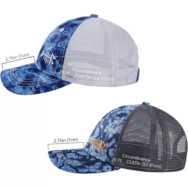 BASSDASH 2 Pack Altimate Fishing Hunting Hat Mesh Back for Men Women Adjustable Baseball Trucker Cap Camo Blaze OrangeBlue Camo  Blue Scales