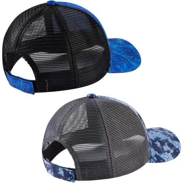 BASSDASH 2 Pack Altimate Fishing Hunting Hat Mesh Back for Men Women Adjustable Baseball Trucker Cap Camo Blaze OrangeBlueBlack Camo  Blue Scales