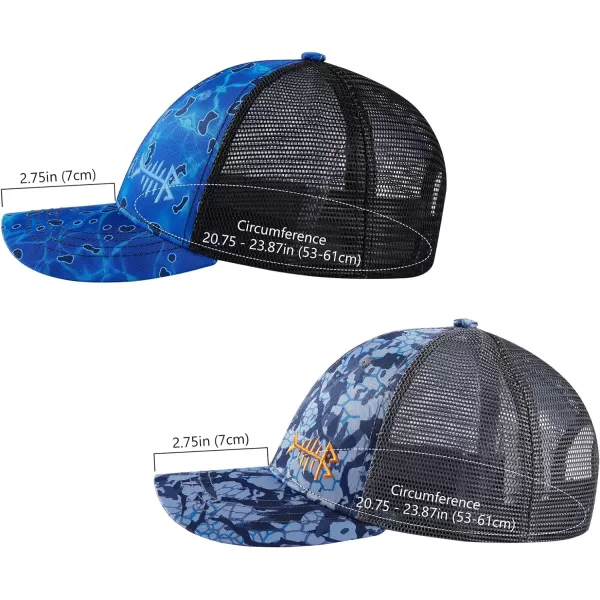 BASSDASH 2 Pack Altimate Fishing Hunting Hat Mesh Back for Men Women Adjustable Baseball Trucker Cap Camo Blaze OrangeBlueBlack Camo  Blue Scales