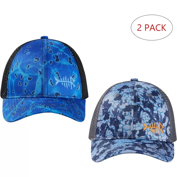 BASSDASH 2 Pack Altimate Fishing Hunting Hat Mesh Back for Men Women Adjustable Baseball Trucker Cap Camo Blaze OrangeBlueBlack Camo  Blue Scales